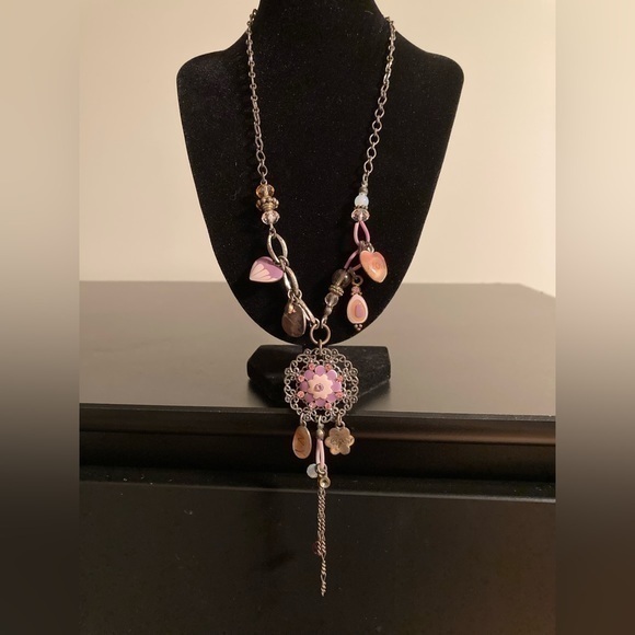 Jewelry - Pink, orange, and silver tone, very long necklace with flowers and hearts
